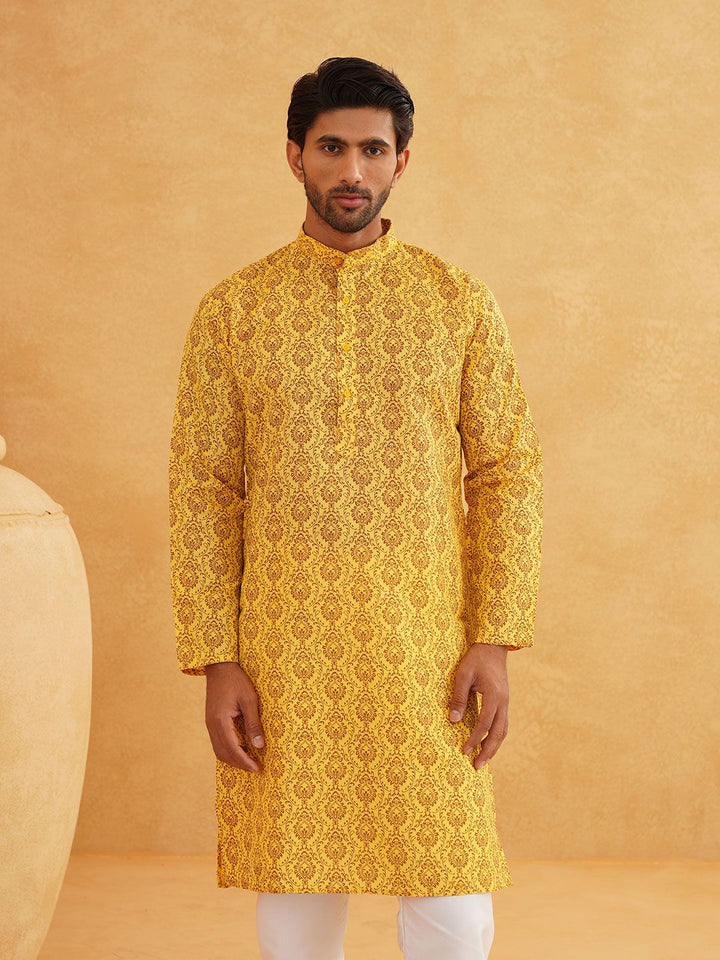 SOJANYA Ethnic Motifs Printed Mandarin Collar Cotton Linen Straight Kurta with Pyjamas