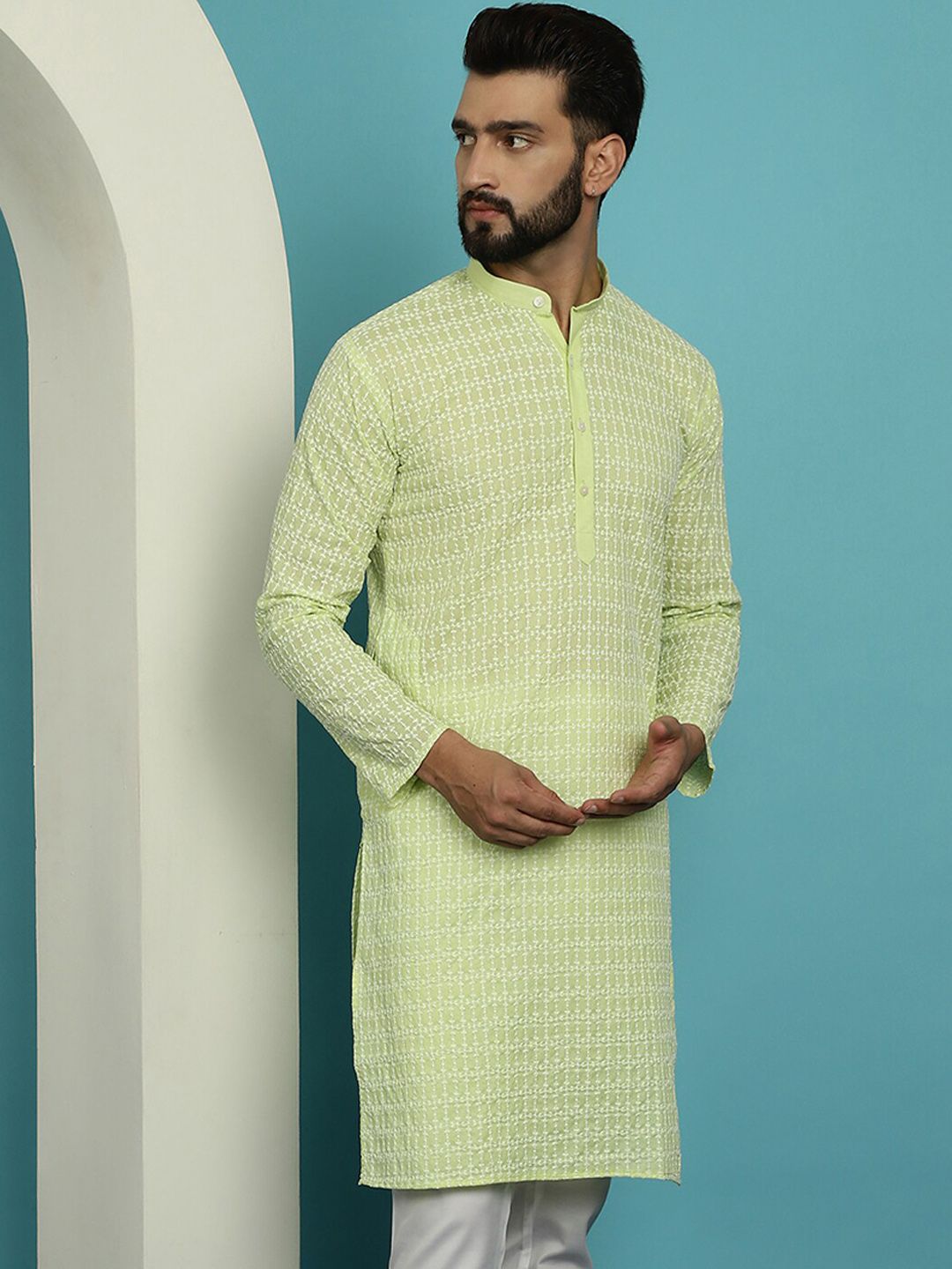 SOJANYA Kurta Kerja Benang Kapas Tulen Kolar Mandarin Geometrik