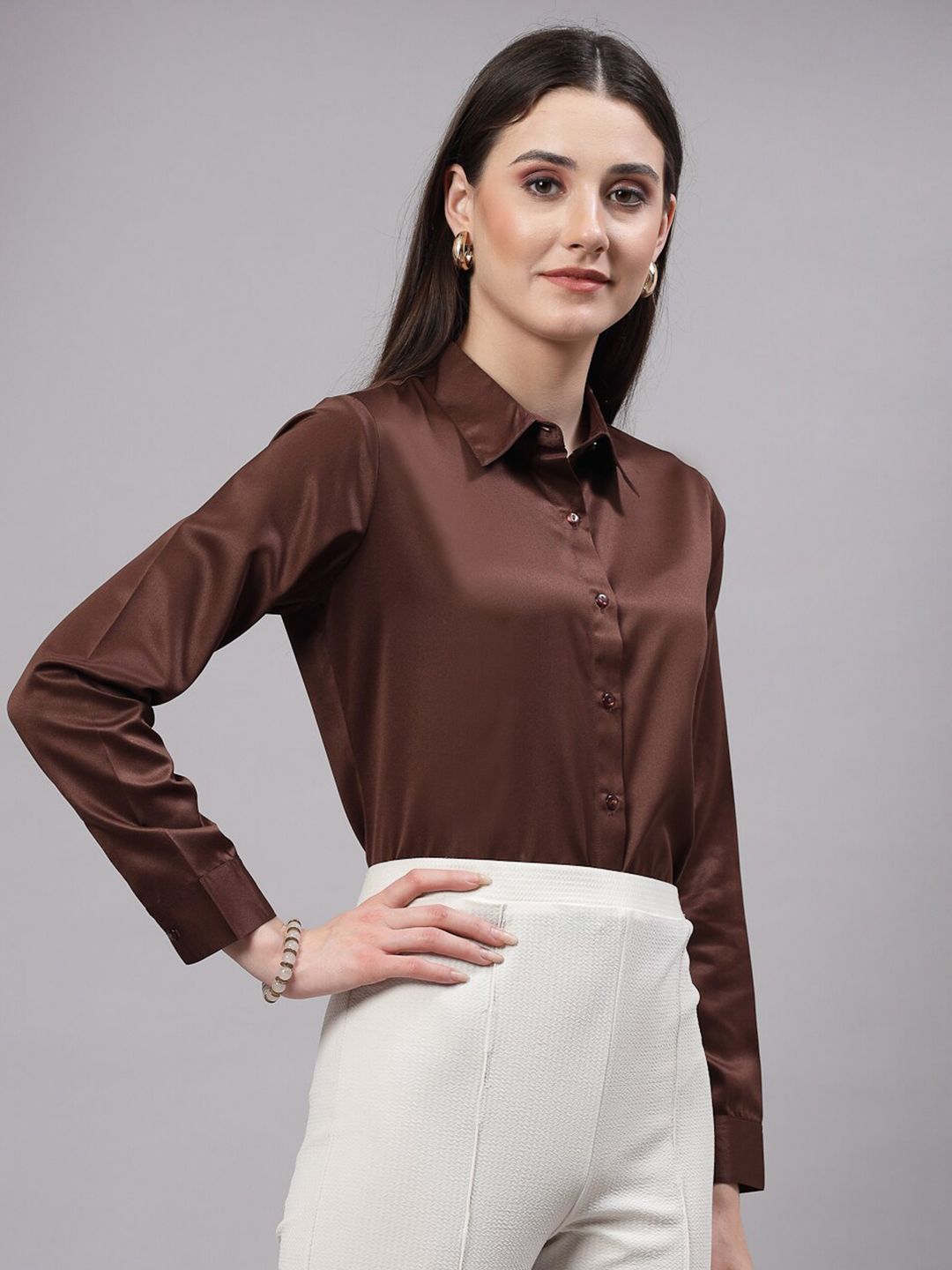Style Quotient Brown Smart Satin Formal Shirt