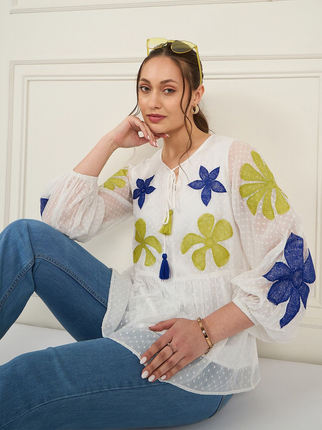 Antheaa Tie-Up Neck Puff Sleeve Chiffon A-Line Top