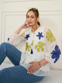 Antheaa Tie-Up Neck Puff Sleeve Chiffon A-Line Top