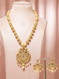 Rubans 24K Gold Plated Ruby & Emerald Stones and Pearl & Golden  Beads Temple Jewelry Set
