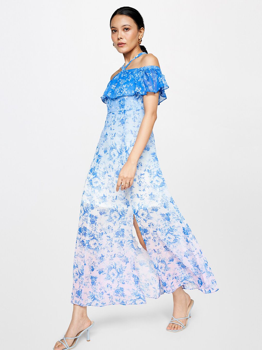 AND Floral Printed Halter Neck Cold-Shoulder Ruffled Maxi Dress
