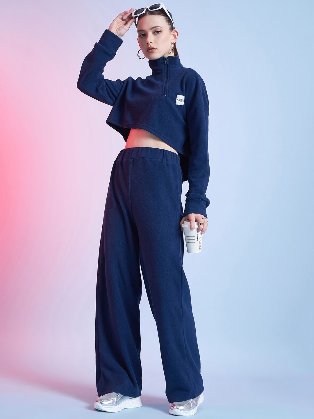 STREET 9 Navy Blue Mock Collar Crop Sweatshirt