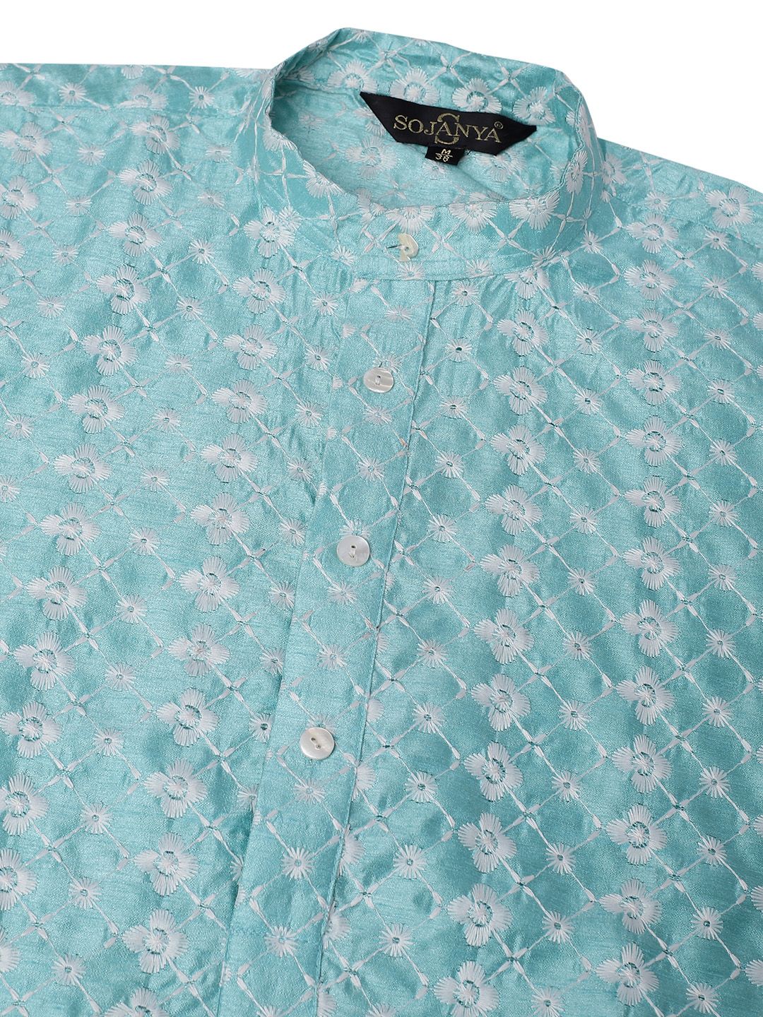 SOJANYA Men Sea Green & White Ethnic Motifs Embroidered Kurta