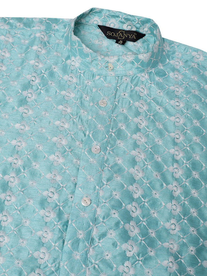 SOJANYA Men Sea Green & White Ethnic Motifs Embroidered Kurta