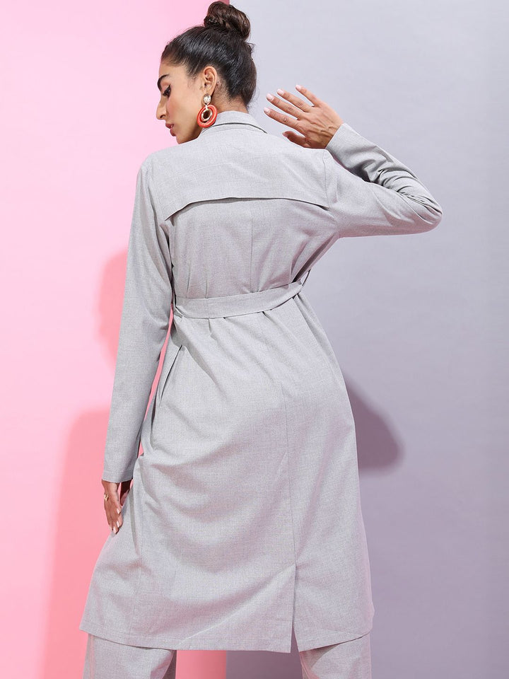 Tokyo Talkies Women Grey Solid Longline Trench Coat