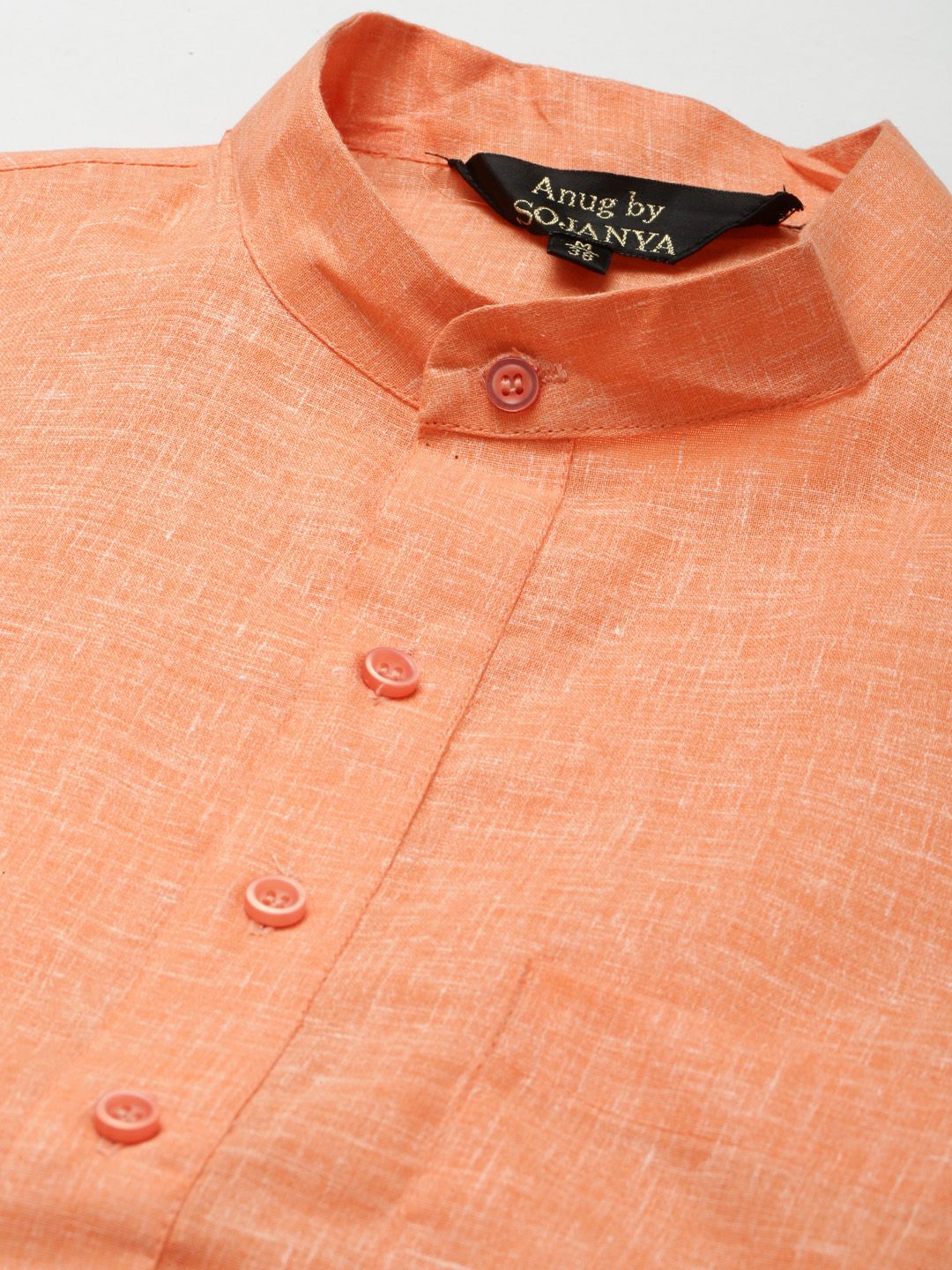 Anug by SOJANYA Men Orange Dobby Band Collar Kurta