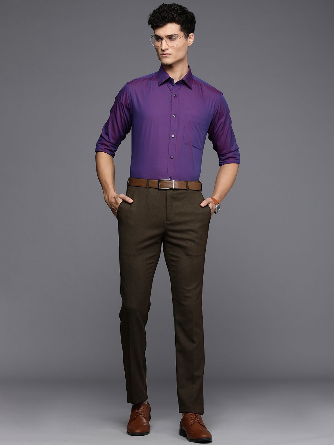 Raymond Men Brown Flat-Front Solid Formal Trousers