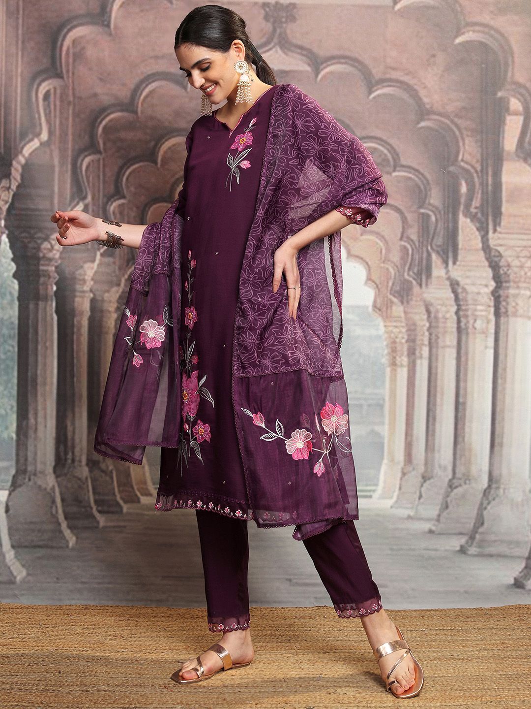 Vishudh Floral Embroidered Regular Kurta with Trouser & Dupatta