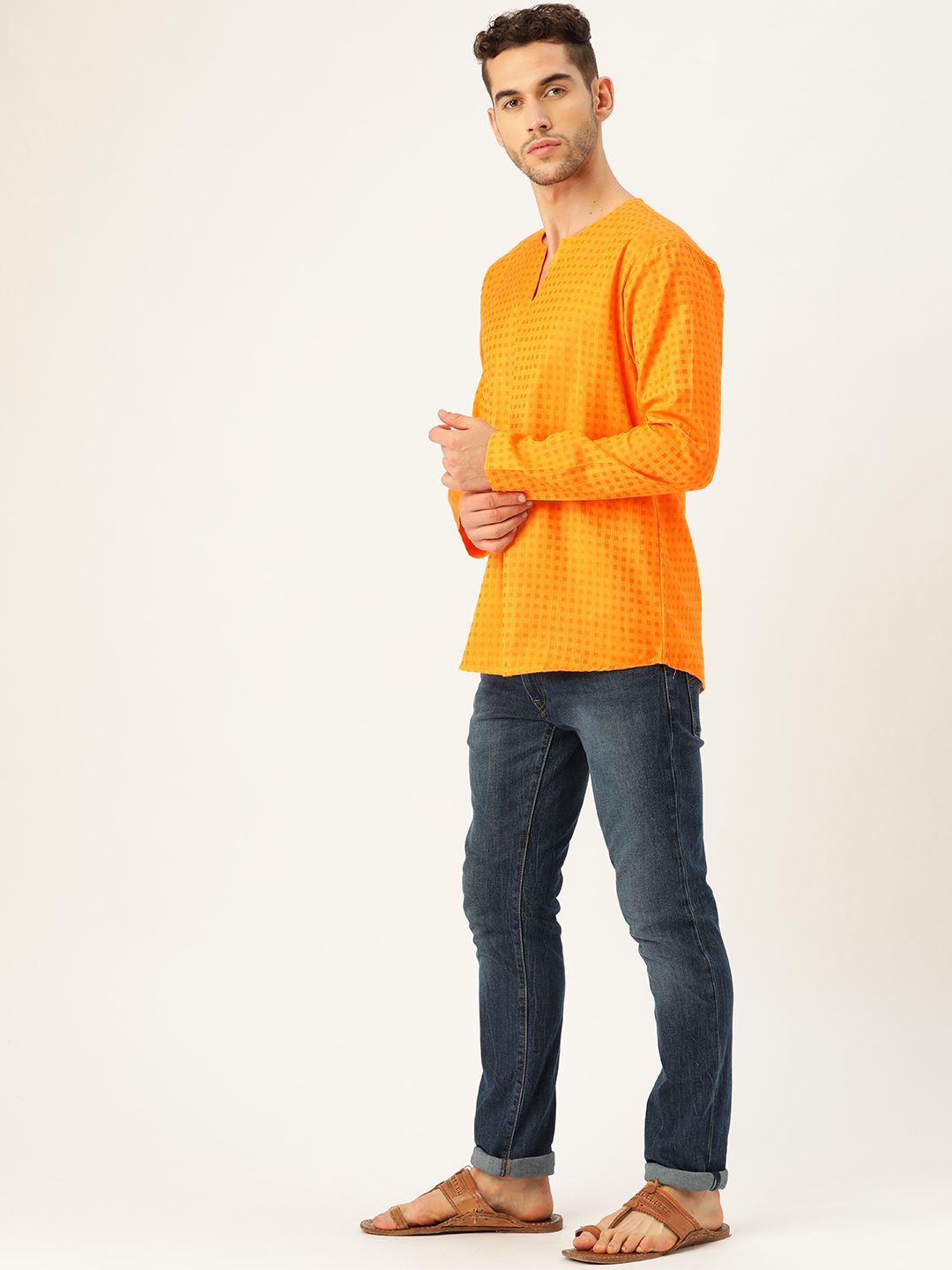 SOJANYA Men Mustard yellow & Orange Woven Design Straight Kurta