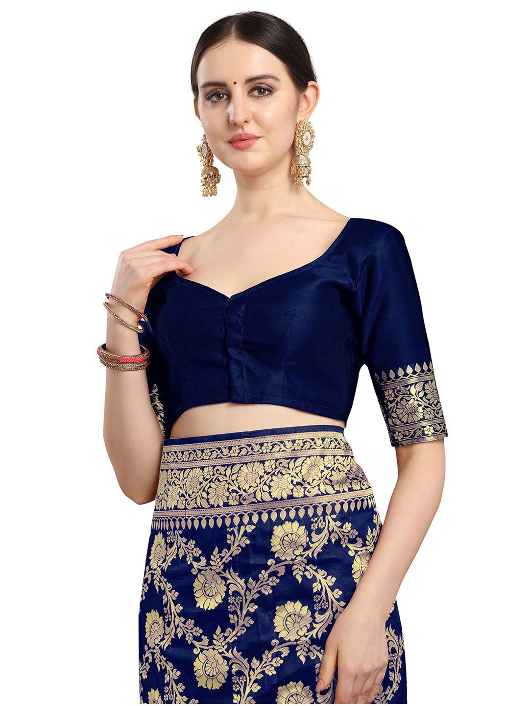 KALINI Navy Blue & Gold-Toned Woven Design Zari Silk Blend Fusion Banarasi Saree
