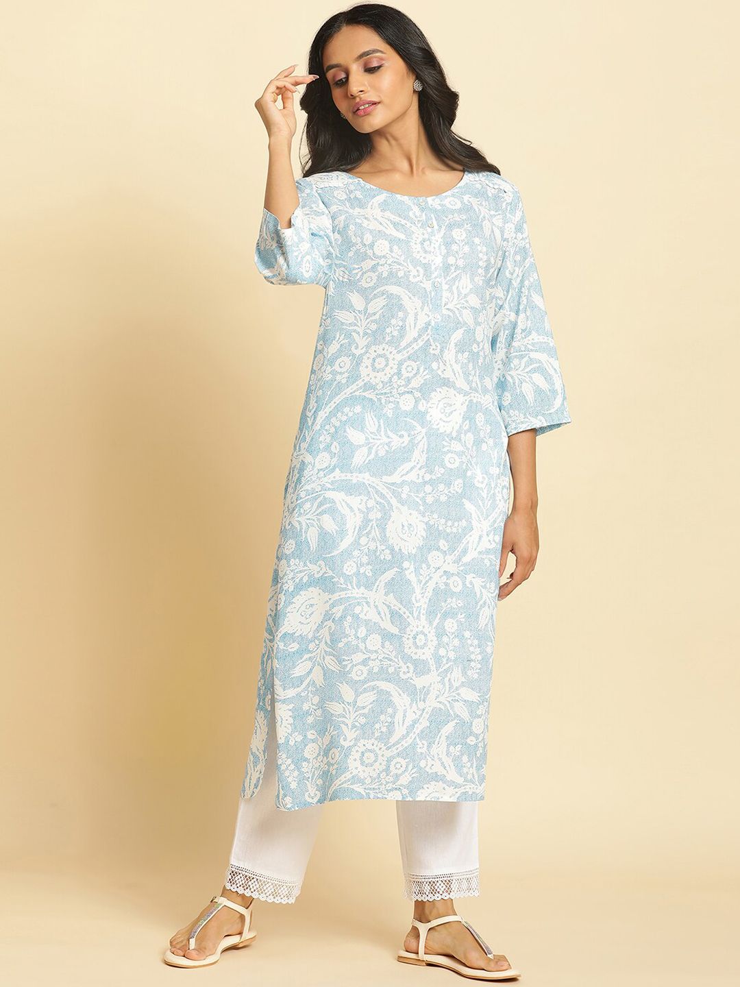 W Floral Printed Round Neck Pure Cotton Straight Kurta