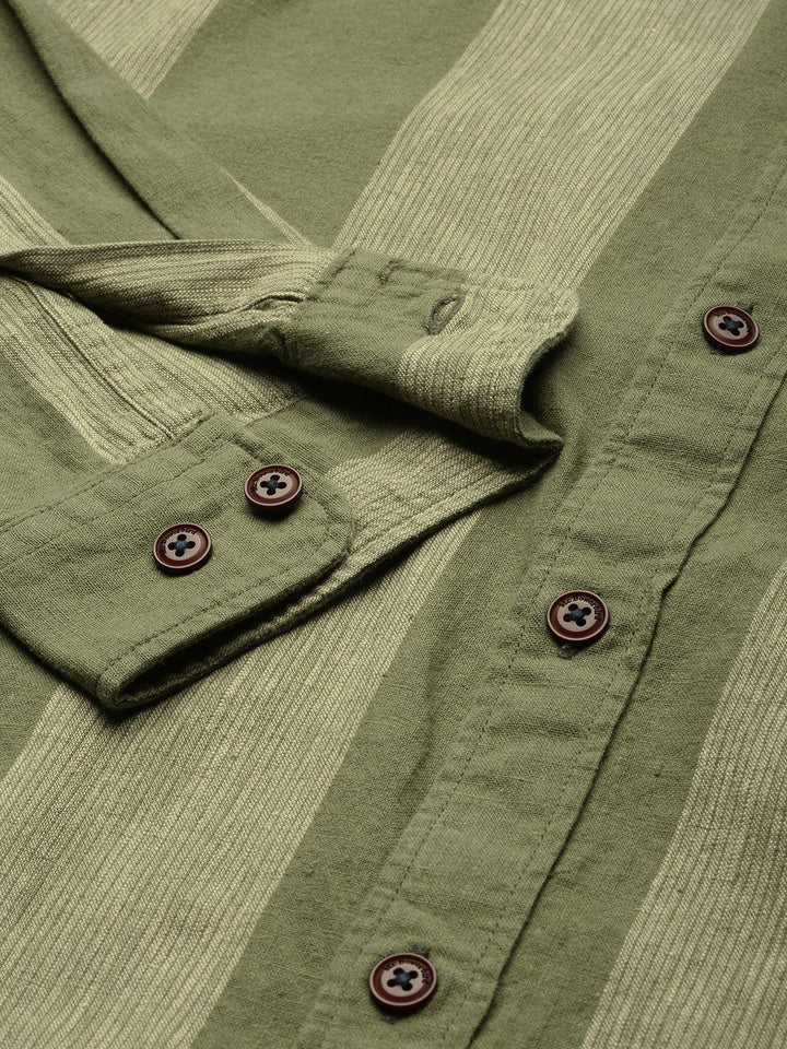 Mr Bowerbird Men Olive Green & Beige Tailored Fit Striped Cotton Linen Casual Shirt