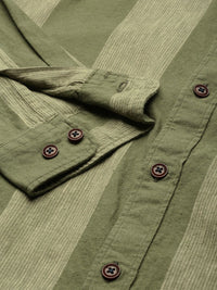 Mr Bowerbird Men Olive Green & Beige Tailored Fit Striped Cotton Linen Casual Shirt