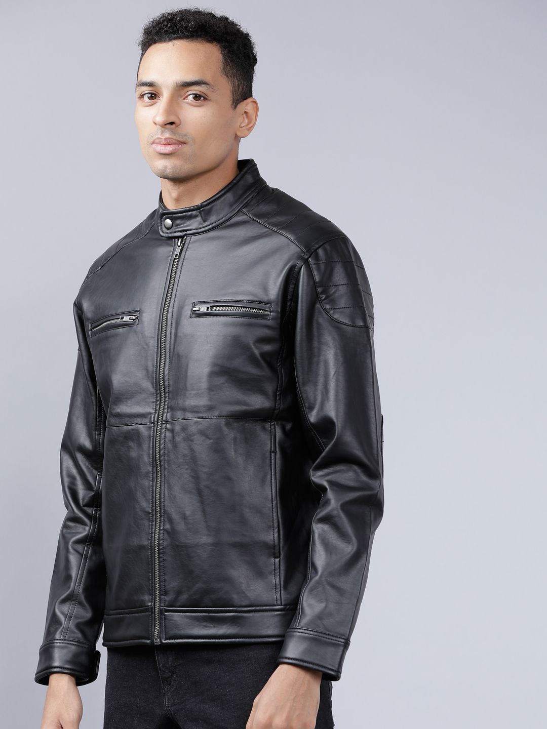 HIGHLANDER Men Black Solid Biker Jacket