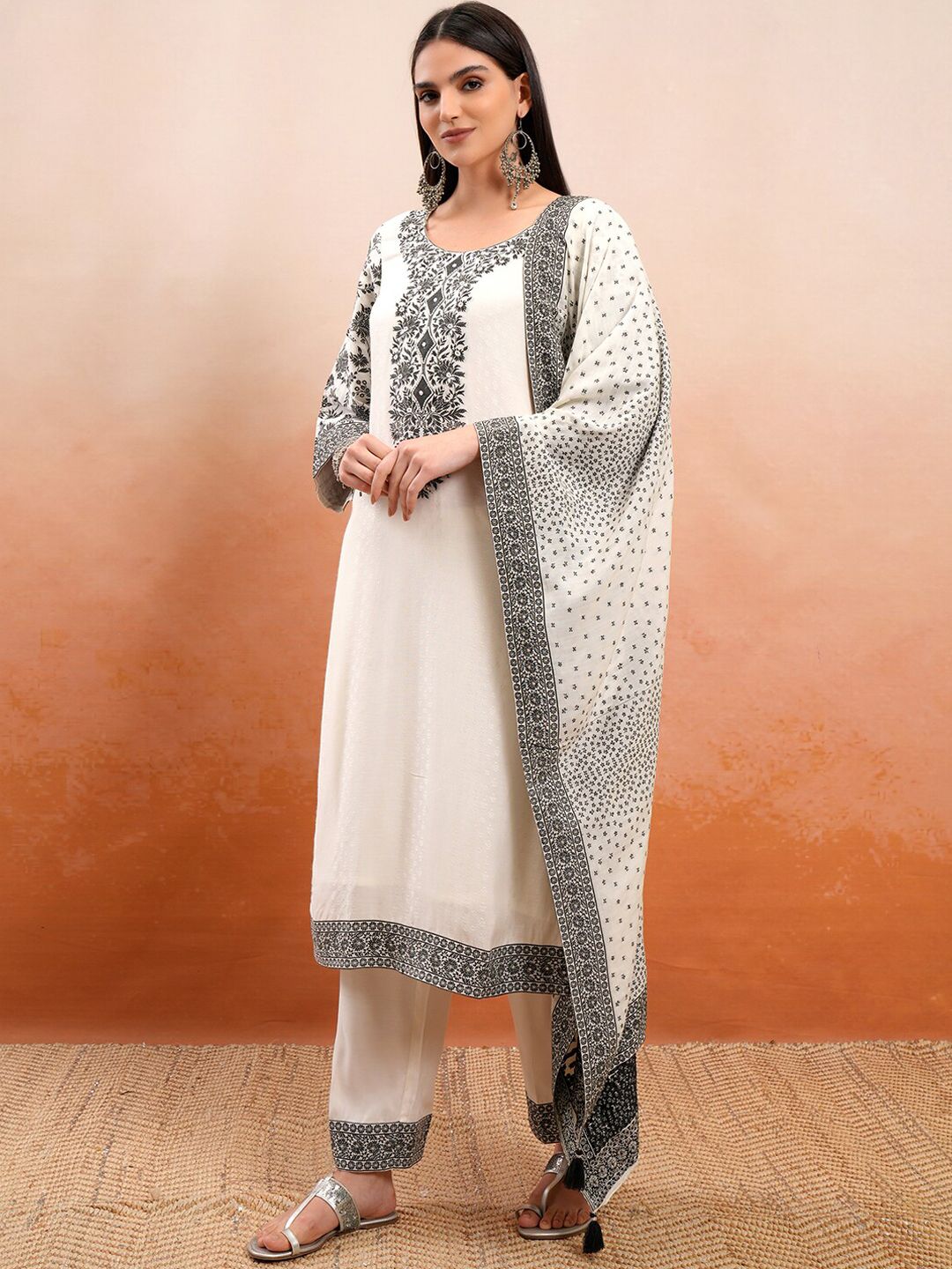 Vishudh Cream Coloured Thread Work Pure Cotton Straight Kurta With Trousers & Dupatta