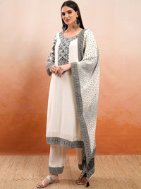 Vishudh Cream Coloured Thread Work Pure Cotton Straight Kurta With Trousers & Dupatta