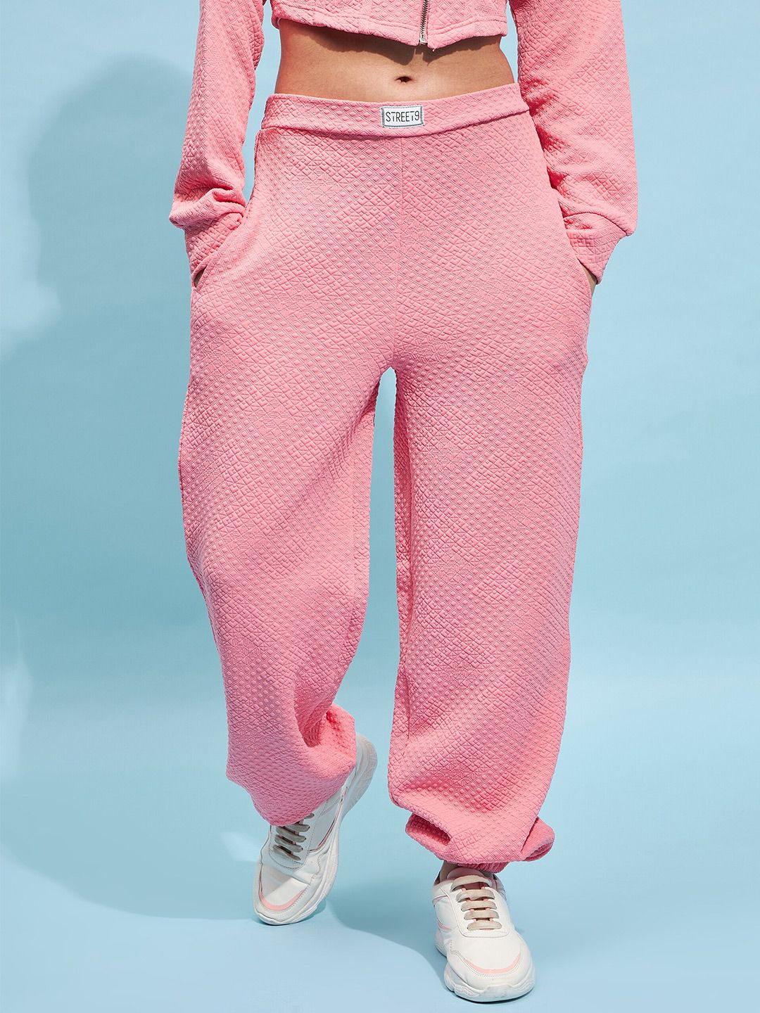 STREET 9 Women Pink Cotton Relaxed Loose Fit Mid-Rise Casual Knitted Joggers Trouser