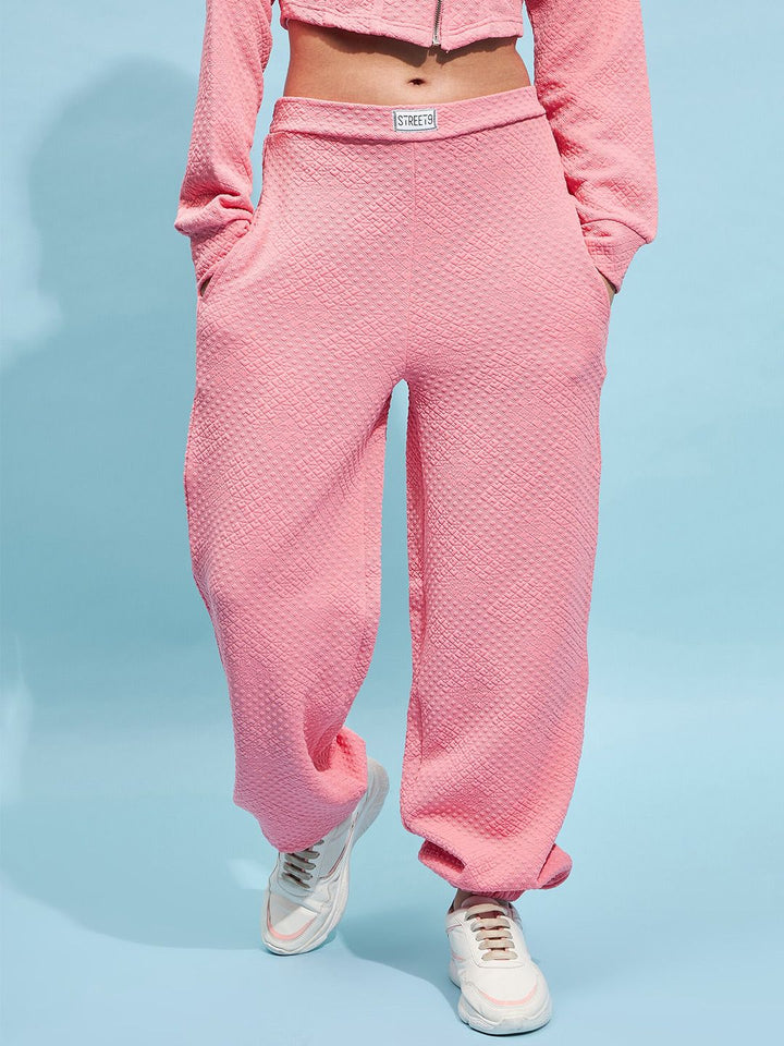 STREET 9 Women Pink Cotton Relaxed Loose Fit Mid-Rise Casual Knitted Joggers Trouser