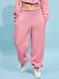 STREET 9 Women Pink Cotton Relaxed Loose Fit Mid-Rise Casual Knitted Joggers Trouser