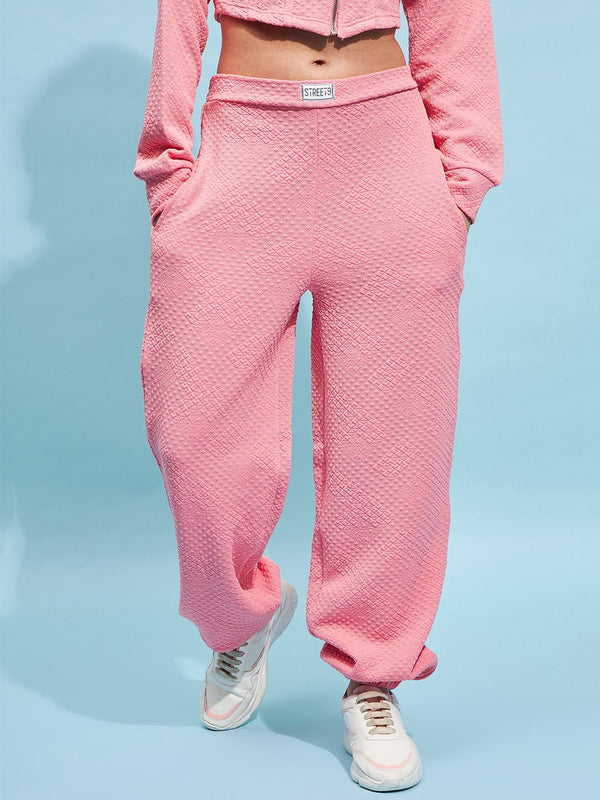 STREET 9 Women Pink Cotton Relaxed Loose Fit Mid-Rise Casual Knitted Joggers Trouser