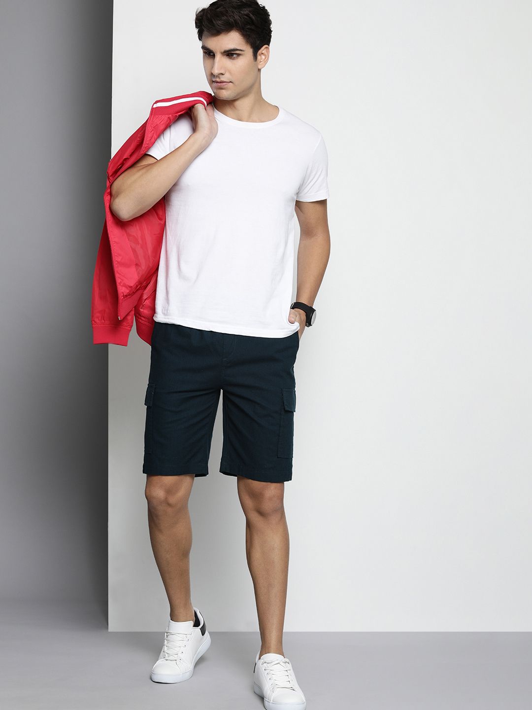 The Indian Garage Co Men Linen Cotton Slim Fit Cargo Shorts