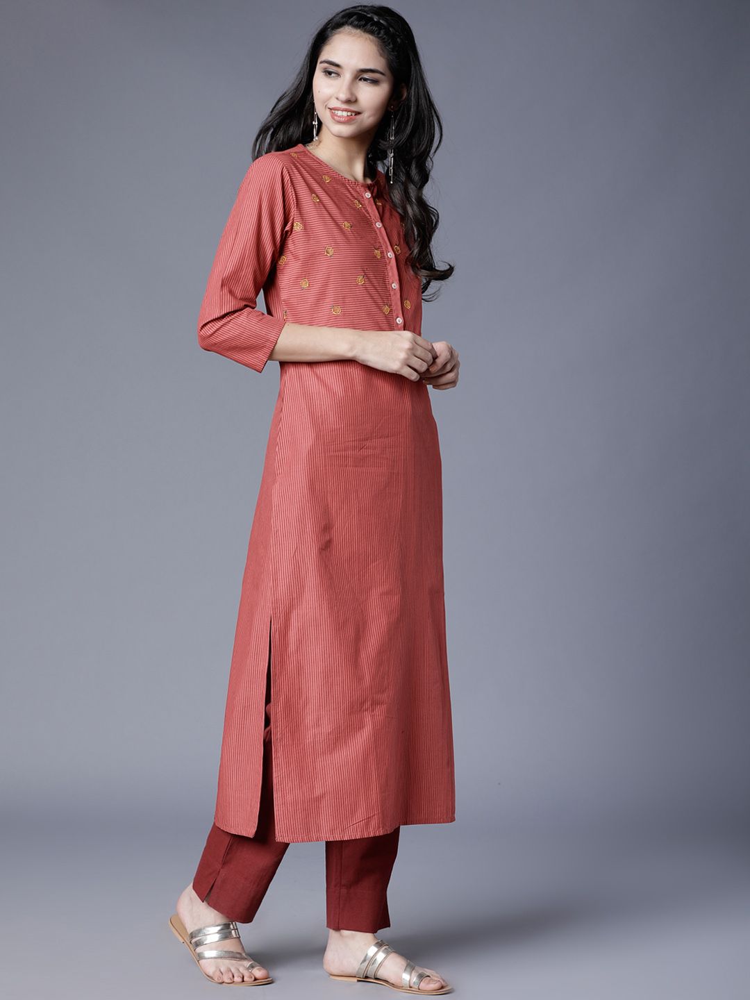 Vishudh Women Rust Striped Straight Kurta