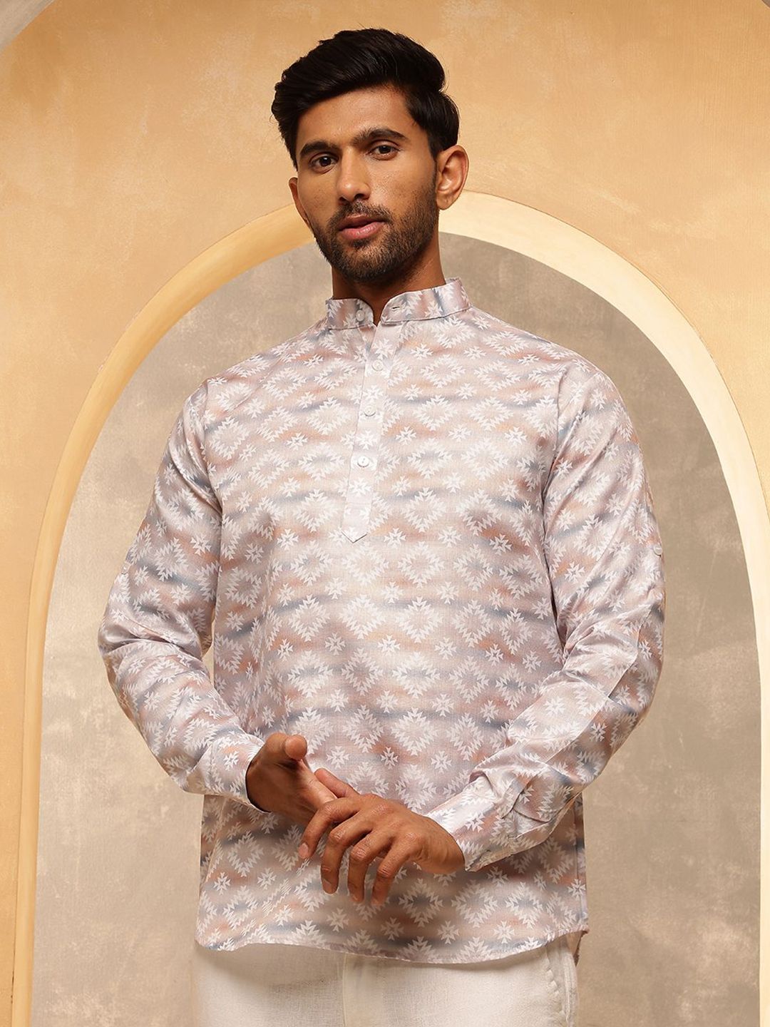 SOJANYA Geometric Printed Band Collar Cotton Linen Kurta Lurus
