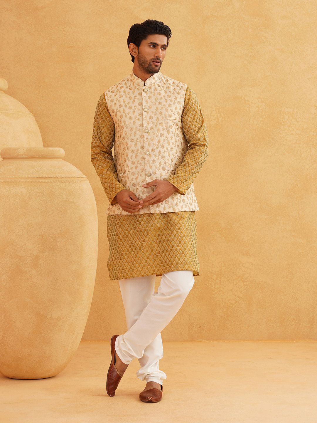 SOJANYA  Mandarin Collar Ethnic Motif Woven Design Regular Kurta with Churidar