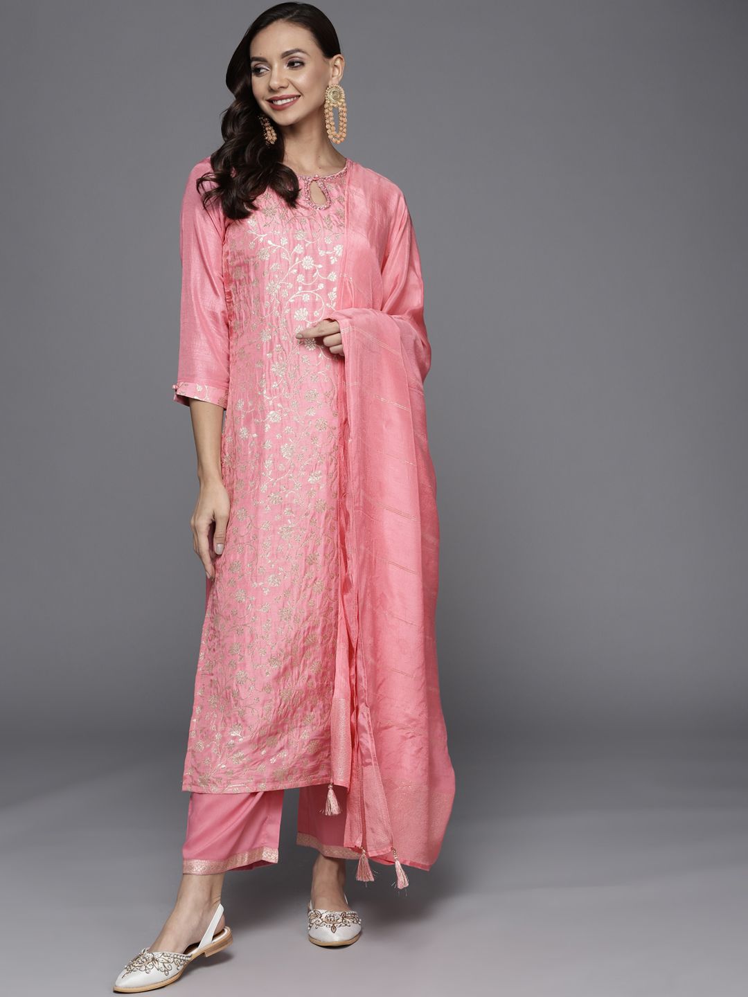 Libas Women Pink Zari Kurta with Palazzos & With Dupatta
