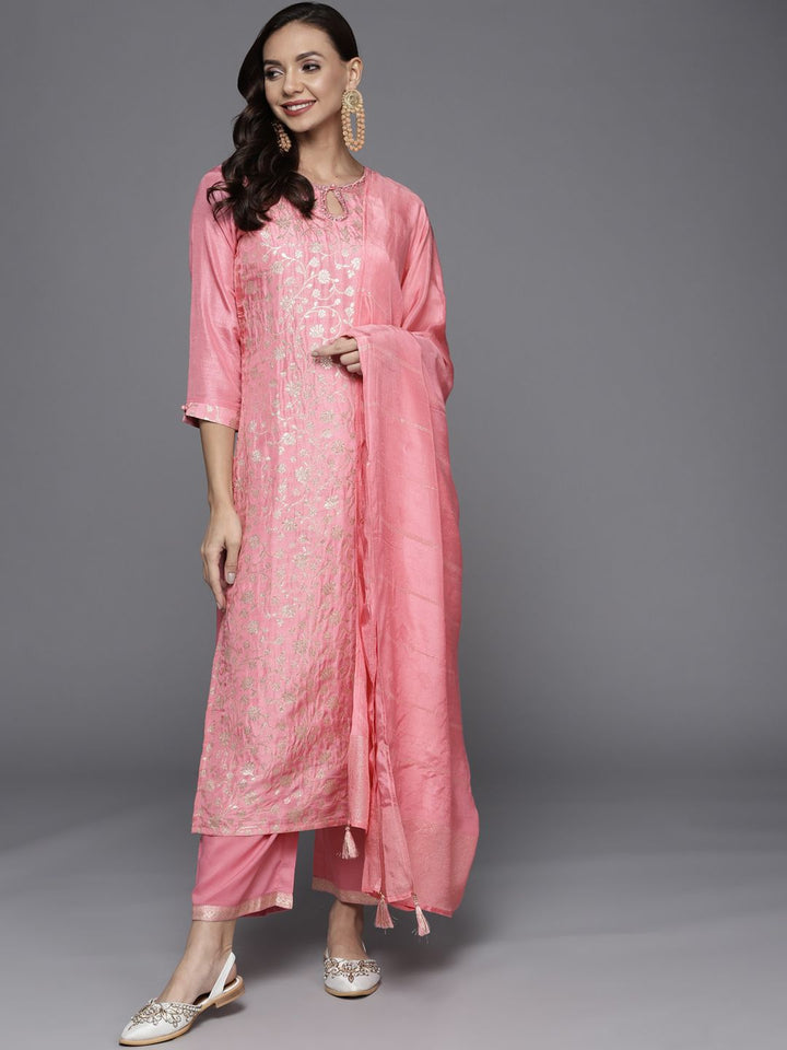 Libas Women Pink Zari Kurta with Palazzos & With Dupatta