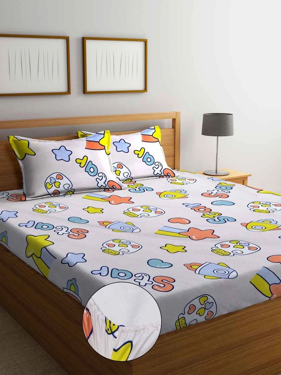 Myntra Elegant Homes Multicoloured Cartoon Characters 300 TC King Bedsheet with 2 Pillow Covers