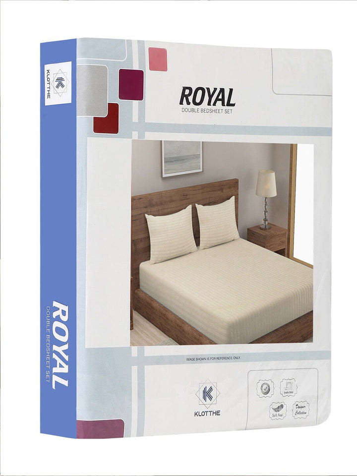 KLOTTHE Cream Striped Cotton 300 TC King Fine Bedsheet with 2 Pillow Covers-98 x 87 inches