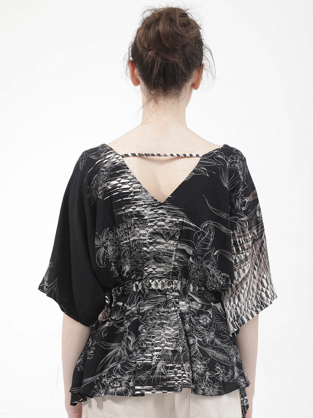 RAREISM Printed Kimono Sleeve V-Neck Cinched Waist Top