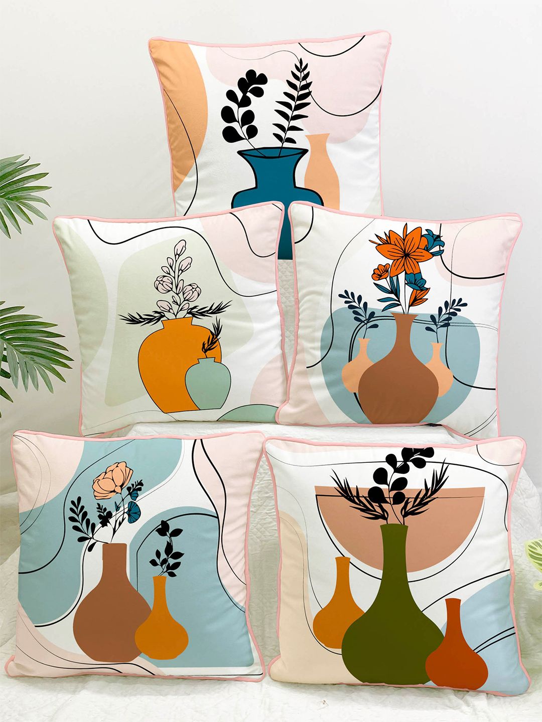 STITCHNEST White & Blue Set of 5 Floral Velvet Square Cushion Covers