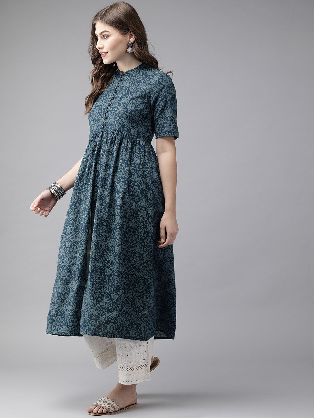 Anouk Women Navy Blue Printed A-Line Kurta with Gathered Detail