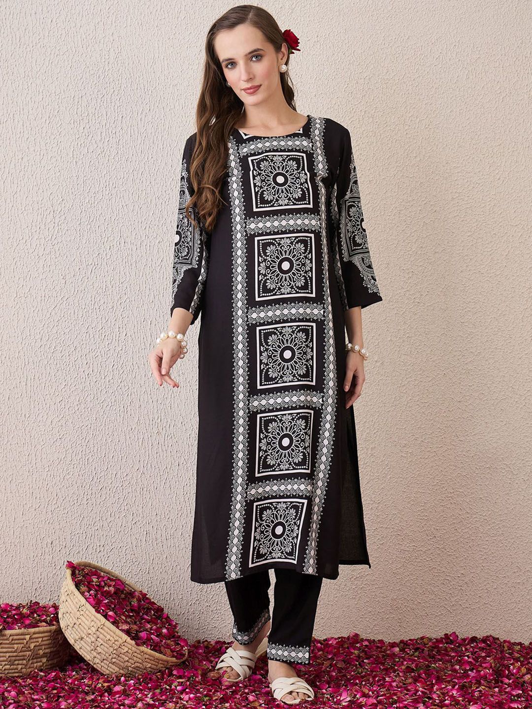 Indo Era Floral Printed Round Neck Pure Cotton Straight Kurta With Trousers