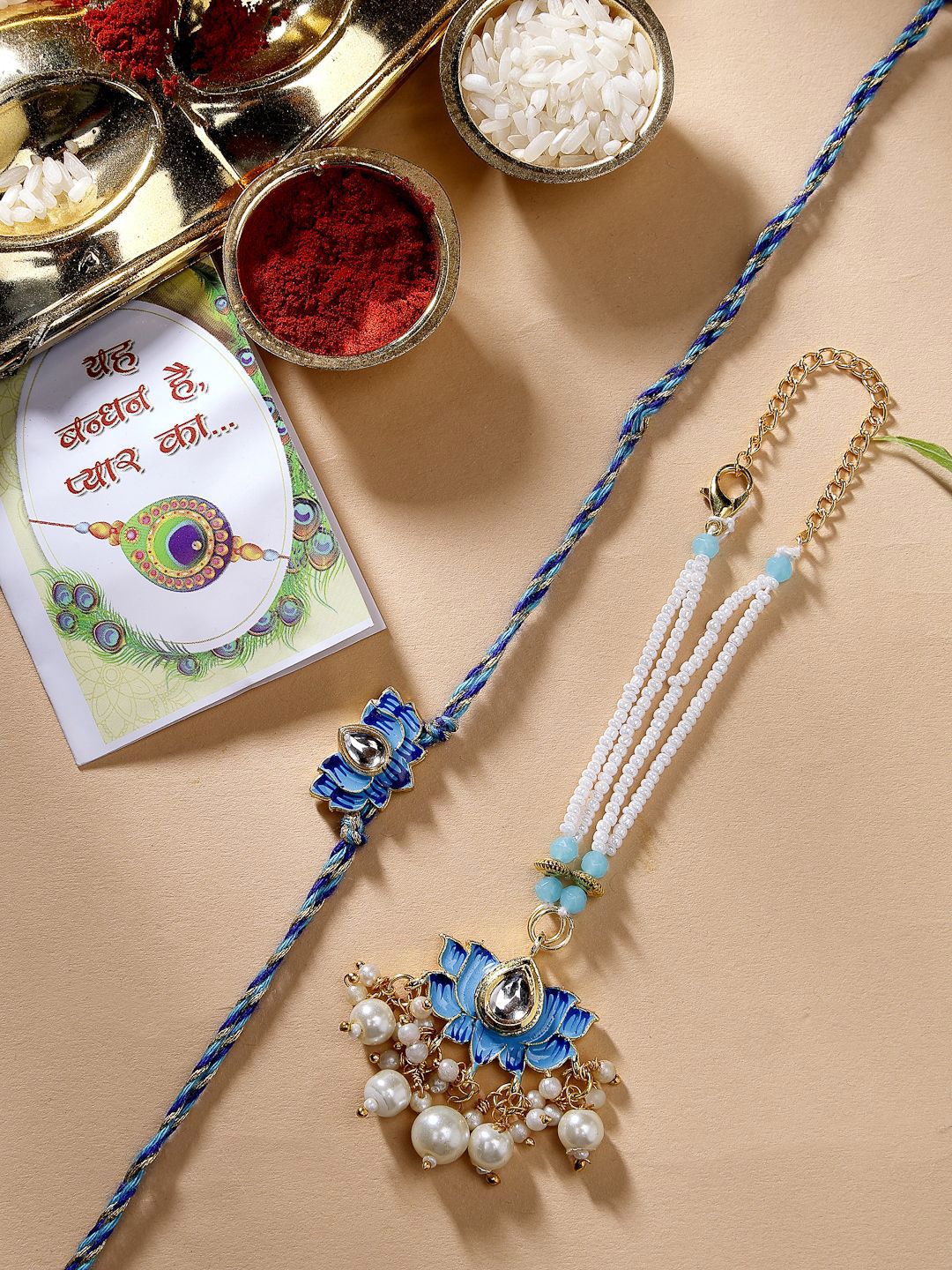 NVR Set of 2 Lotus Stone-Studded & Beaded Bhaiya Bhabhi Rakhi with Roli Chawal