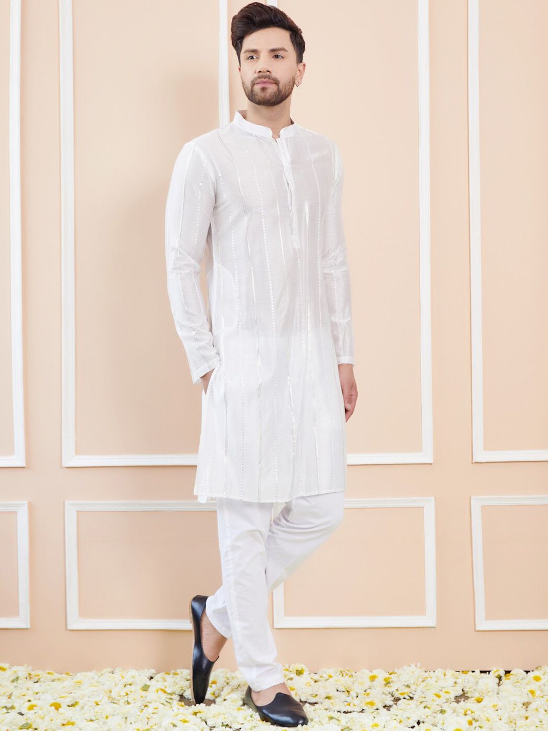 See Designs Striped Mandarin Collar Sequins Straight Kurta