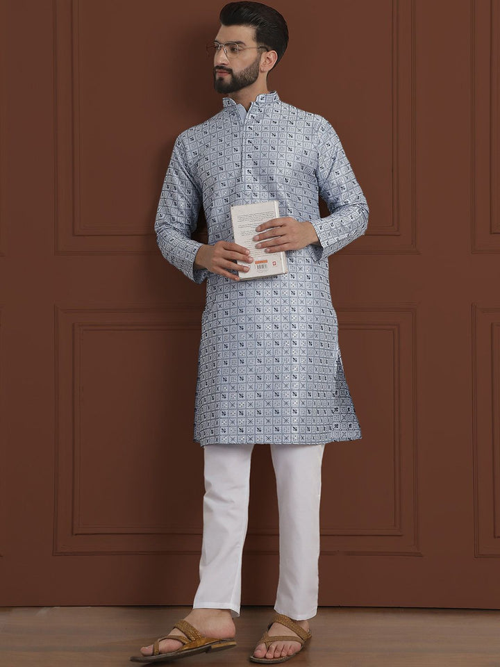 SOJANYA LUXE Ethnic Motifs Embroidered Mandarin Collar Straight Kurta With Pyjama