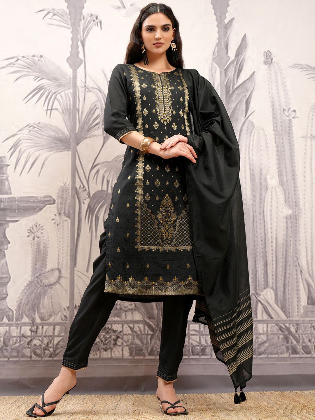 Vishudh Embroidered Straight Kurta & Trousers With Dupatta
