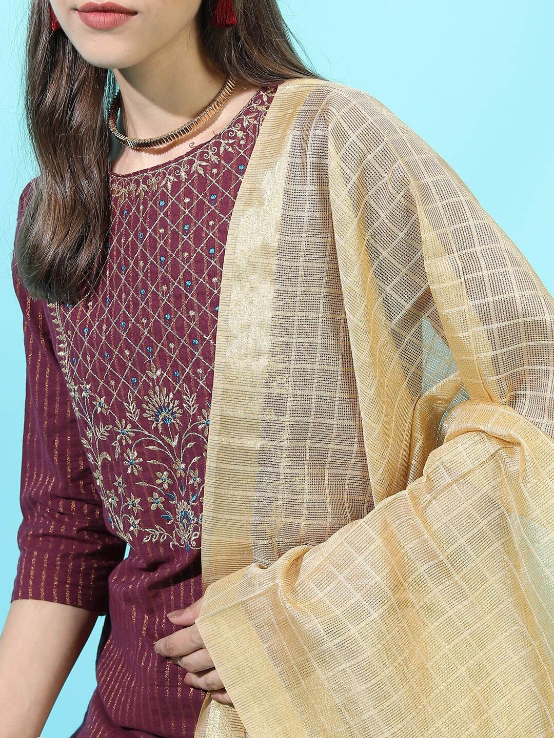 Vishudh Women Striped Pure Cotton Kurta with Trousrer & Dupatta