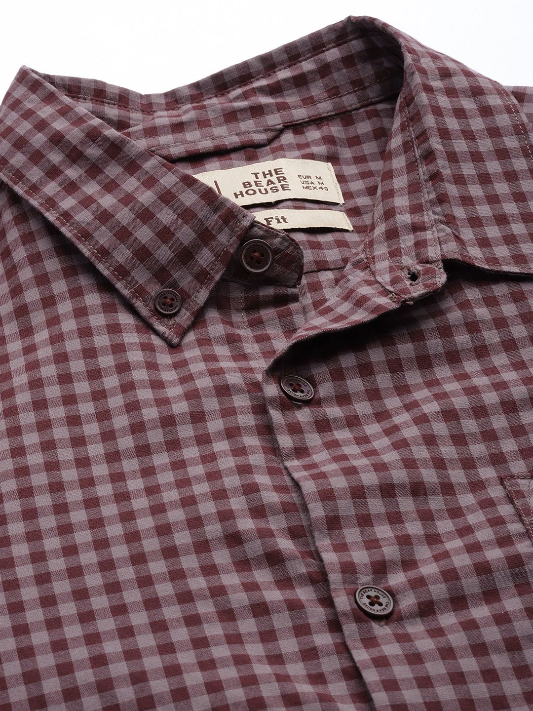 THE BEAR HOUSE Men Maroon & Pink Slim Fit Gingham Checked Cotton Shirt
