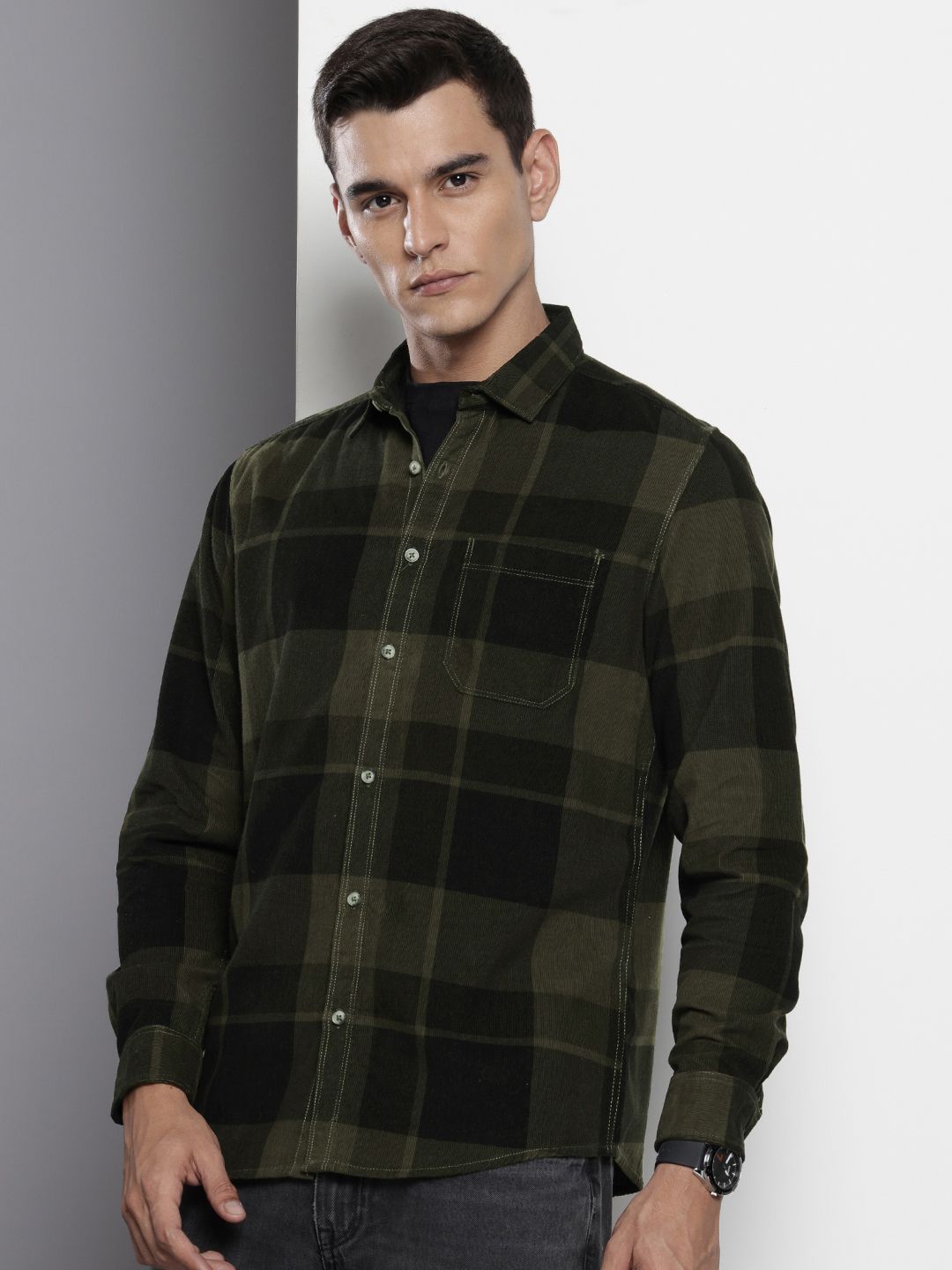 The Indian Garage Co Pure Cotton Checked Corduroy Casual Shirt