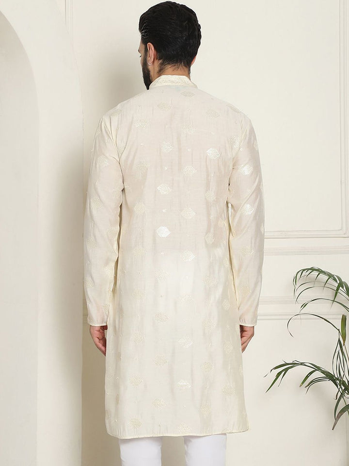SOJANYA Kurta Lurus Sutera Berhias Geometrik Kolar Mandarin Kapas