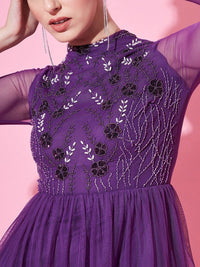 STREET 9 Purple Embellished Net Maxi Maxi Dress