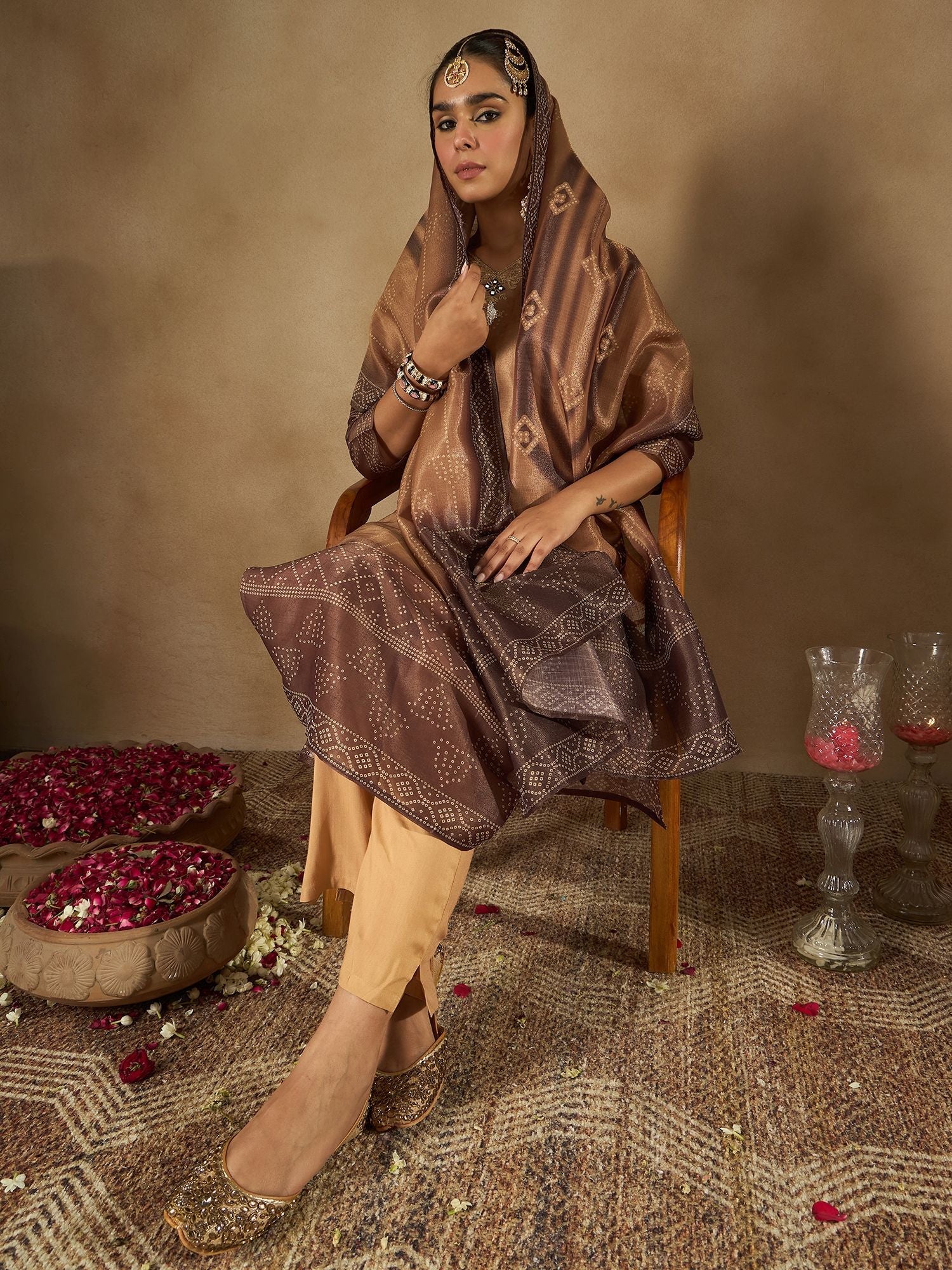 Indo Era Floral Embroidered Embellished V-Neck Straight Kurta with Trouser And Dupatta
