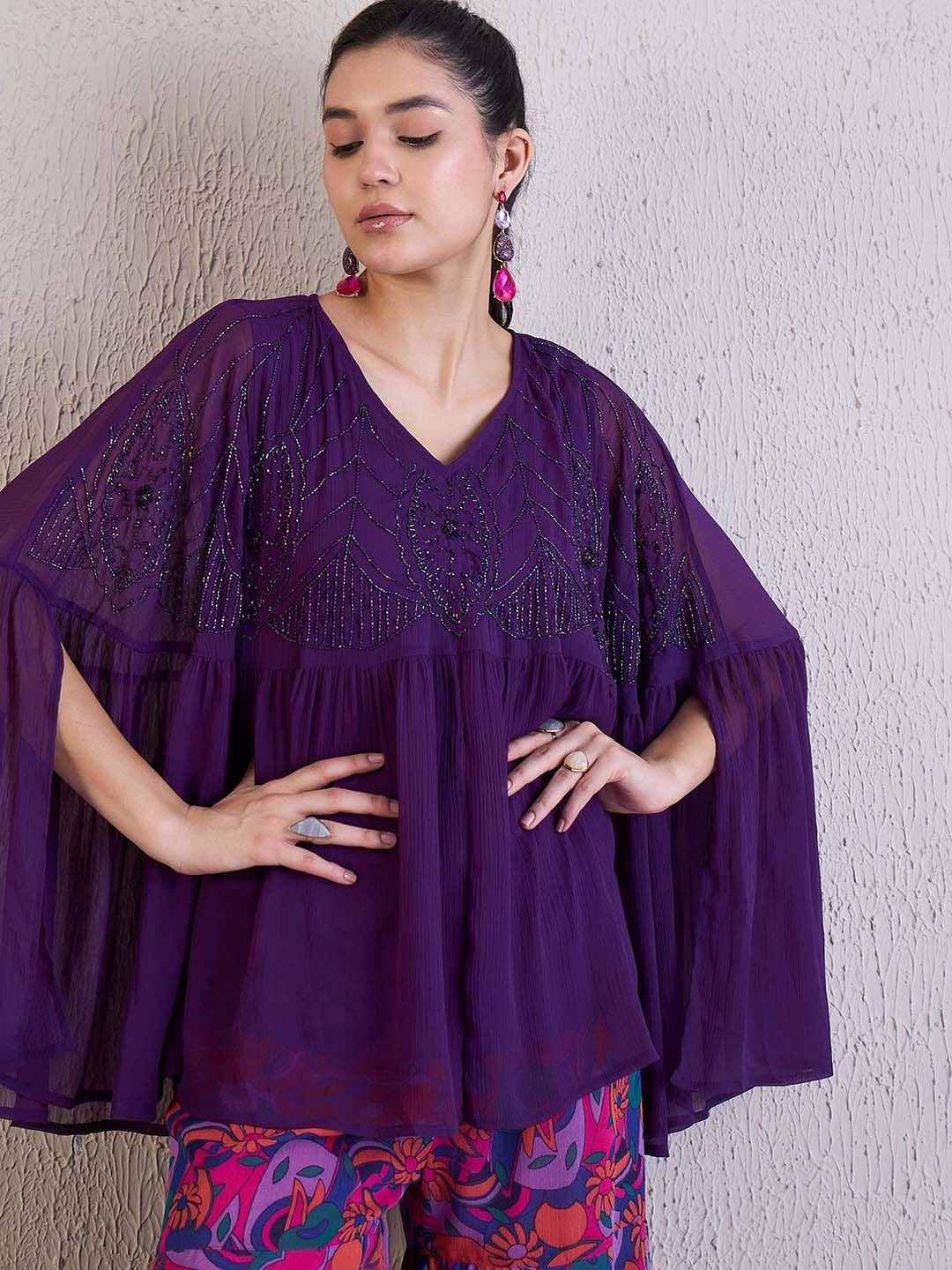Antheaa Purple Embellished V-Neck Three Quarter Sleeve Top & Sharara