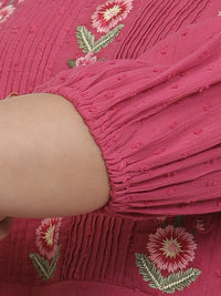 W Floral Embroidered Puffed Sleeves Pure Cotton Longline A-Line Top